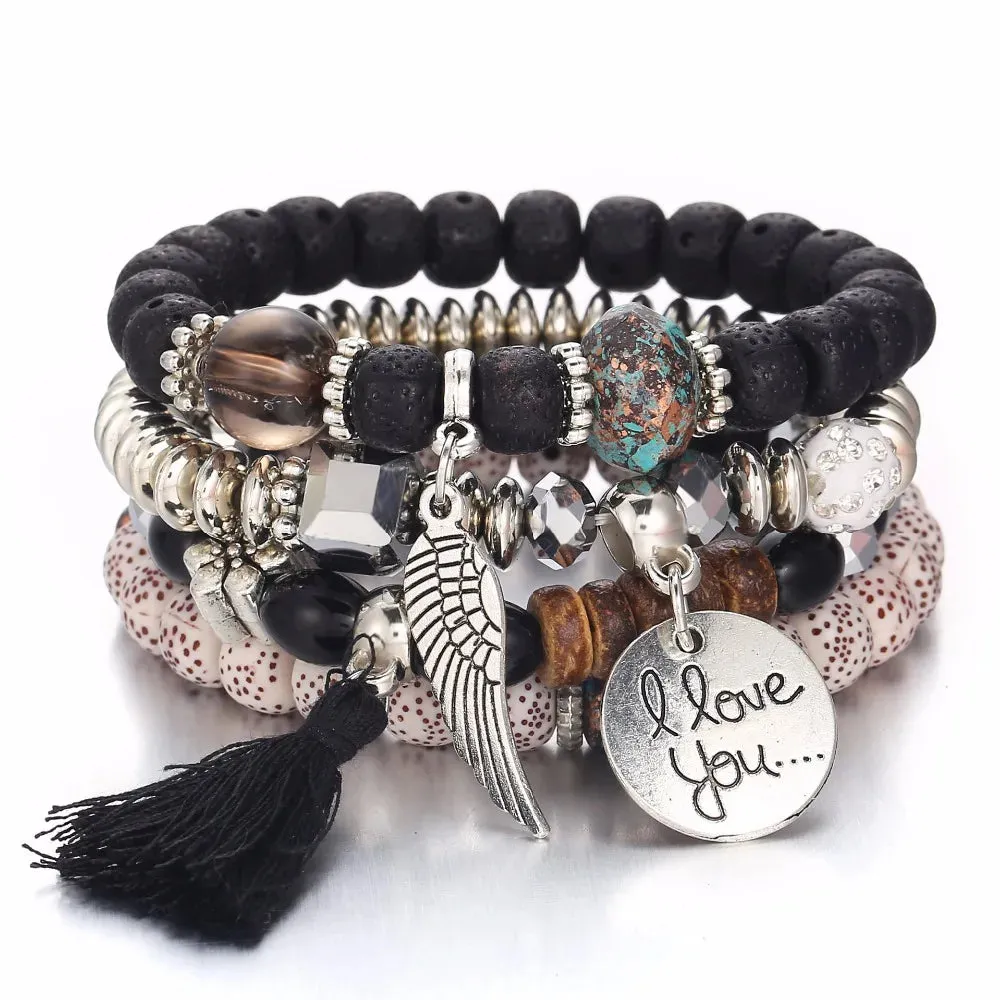 Elastic Multicolor Crystal Beads Bracelet Tassel Wing Letters