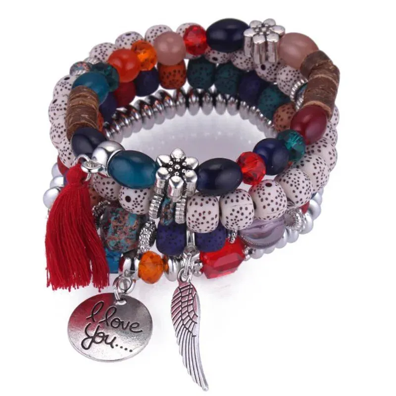 Elastic Multicolor Crystal Beads Bracelet Tassel Wing Letters