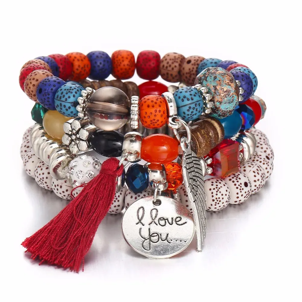 Elastic Multicolor Crystal Beads Bracelet Tassel Wing Letters