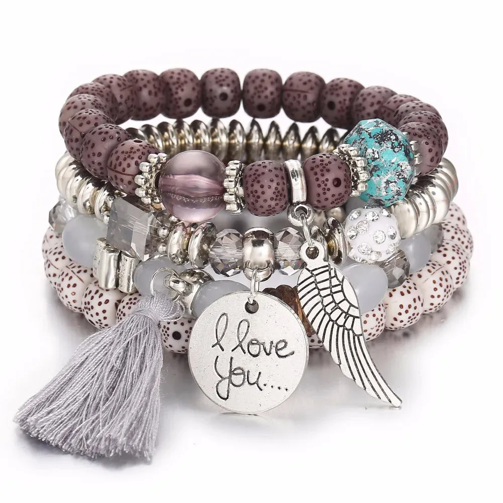 Elastic Multicolor Crystal Beads Bracelet Tassel Wing Letters
