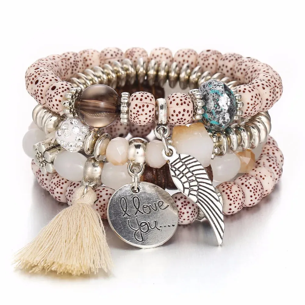 Elastic Multicolor Crystal Beads Bracelet Tassel Wing Letters