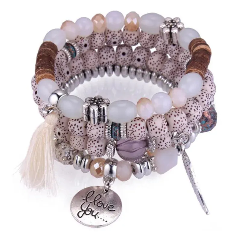 Elastic Multicolor Crystal Beads Bracelet Tassel Wing Letters