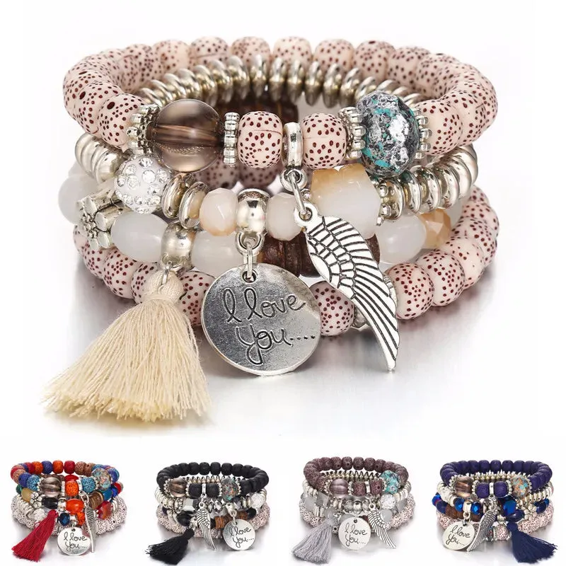 Elastic Multicolor Crystal Beads Bracelet Tassel Wing Letters