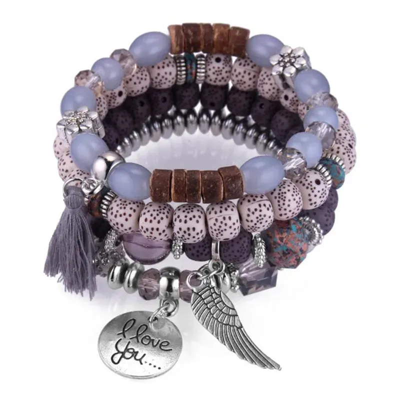 Elastic Multicolor Crystal Beads Bracelet Tassel Wing Letters