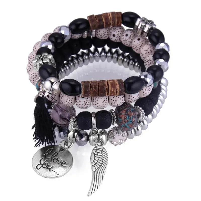 Elastic Multicolor Crystal Beads Bracelet Tassel Wing Letters