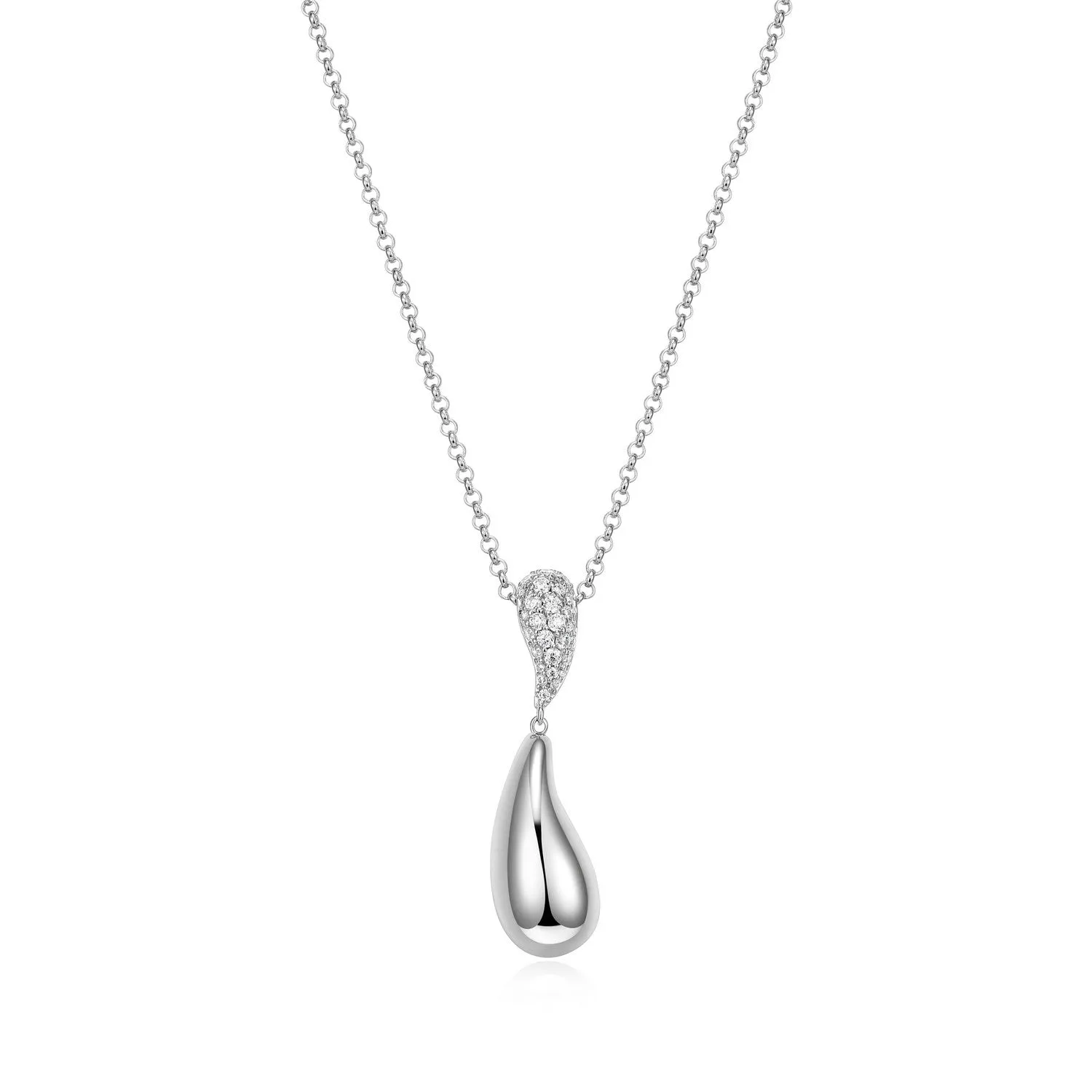 Elle Raindrop Sterling Silver Rhodium Plated Pave CZ and Puffy Pear Drop Necklace
