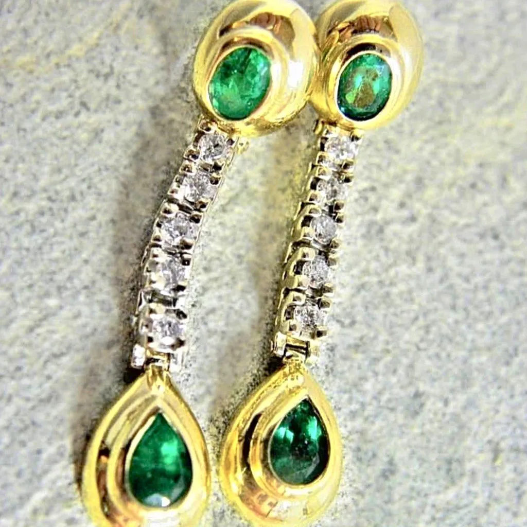 Estate Dangle Emerald Diamond Earrings Gold