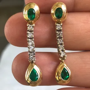 Estate Dangle Emerald Diamond Earrings Gold