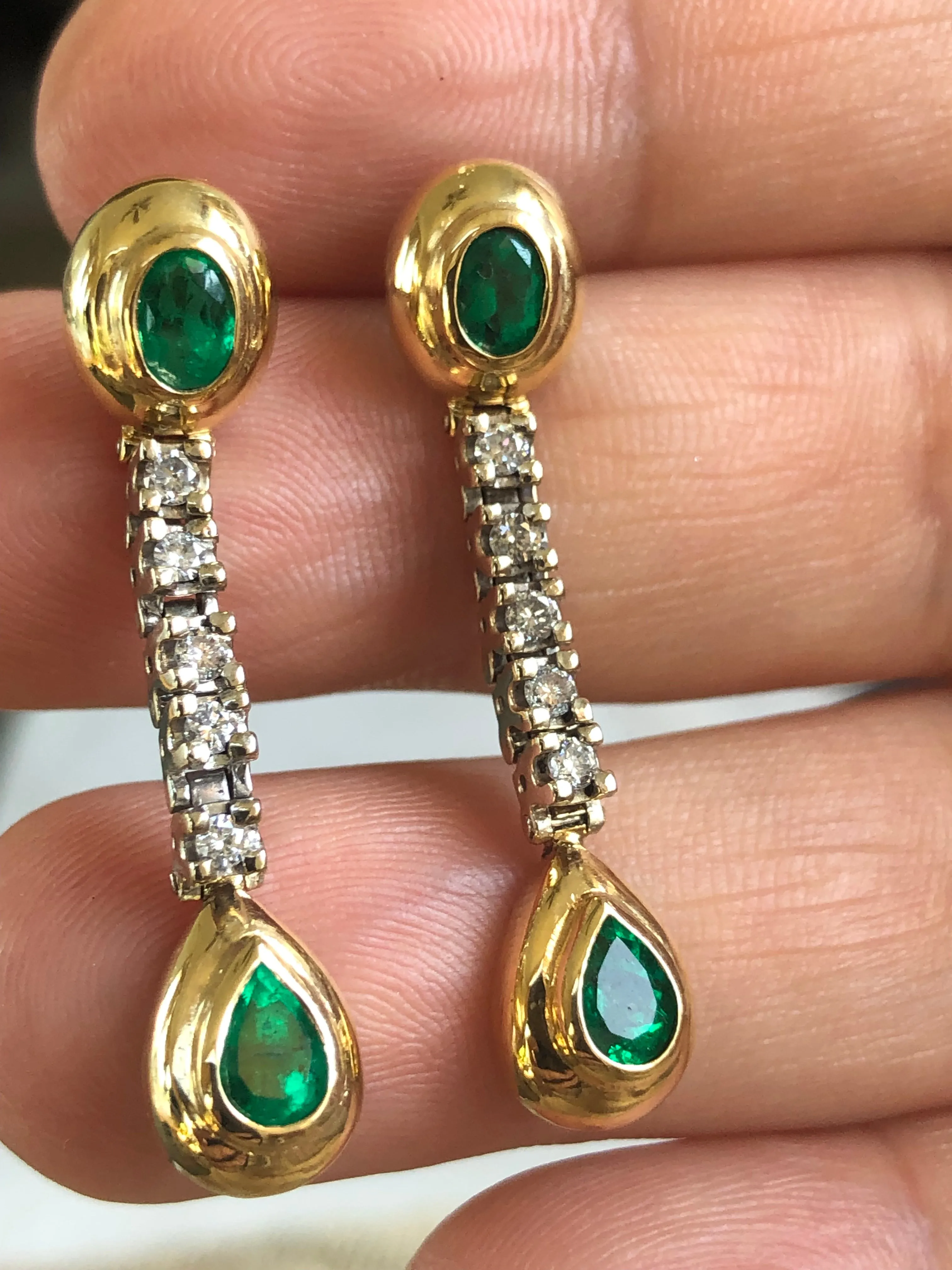 Estate Dangle Emerald Diamond Earrings Gold