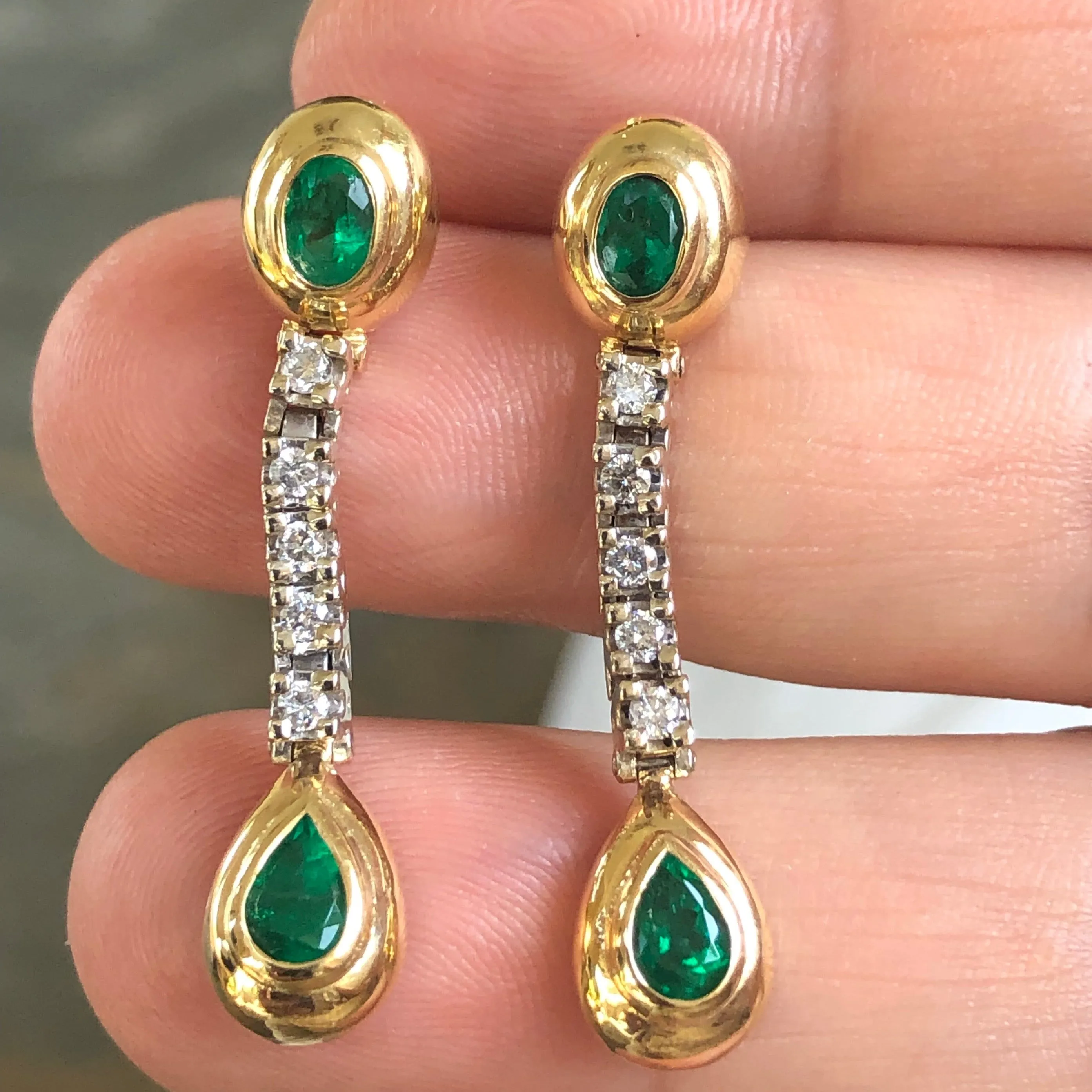 Estate Dangle Emerald Diamond Earrings Gold