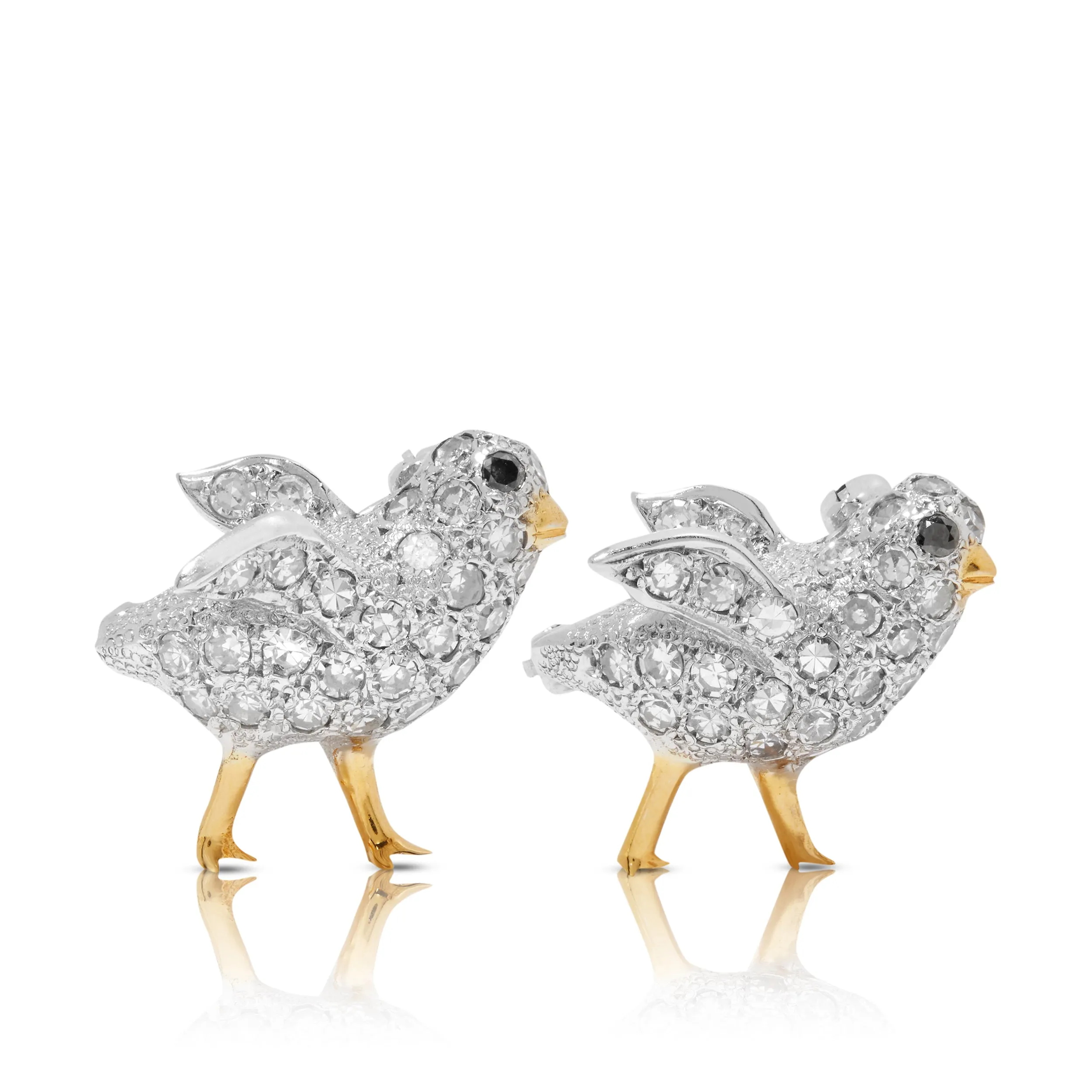Estate Pavé Diamond Brooch Pair Of Animated Baby Chicks