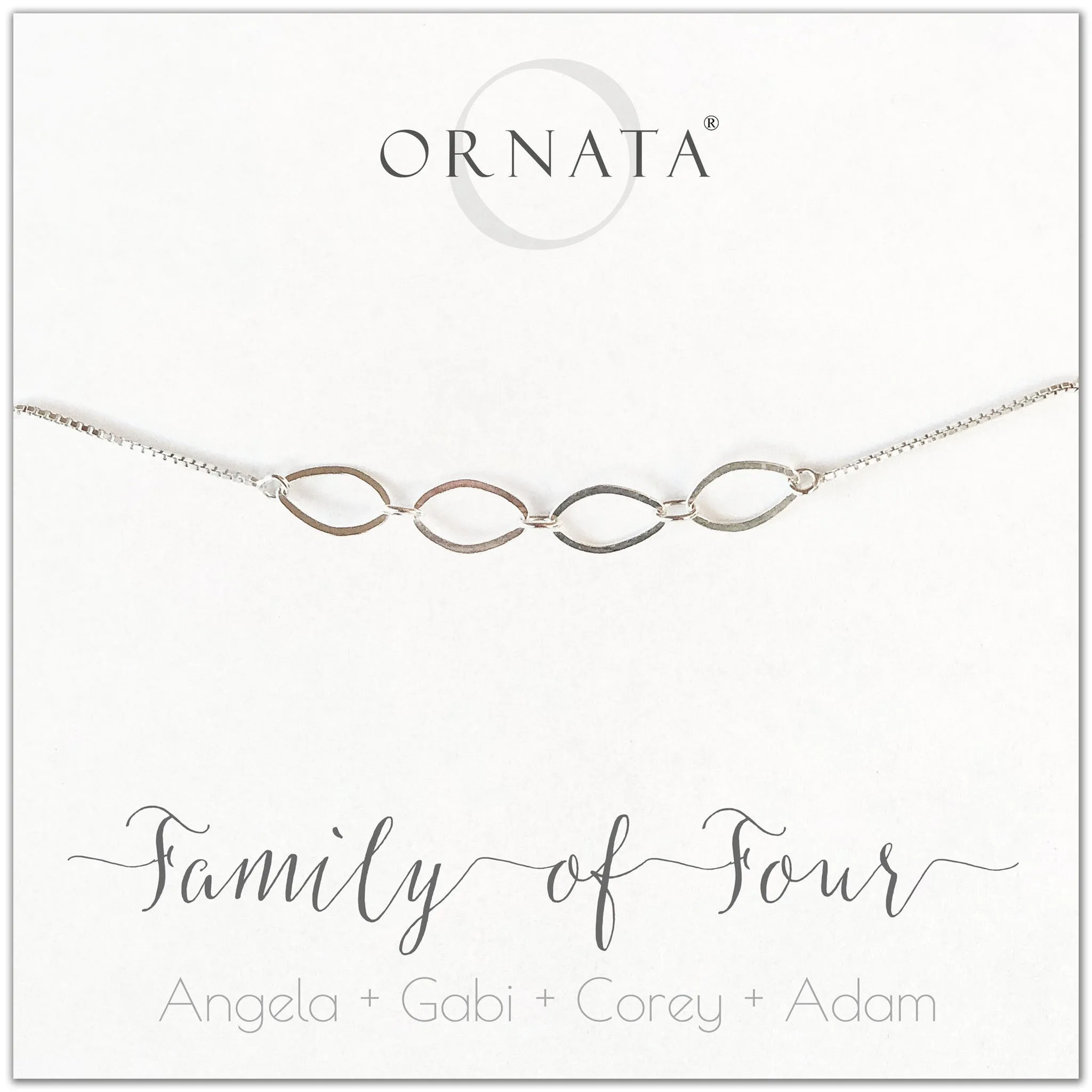 “Family of Four” Sterling Silver Bolo Bracelet on Personalized Jewelry Card