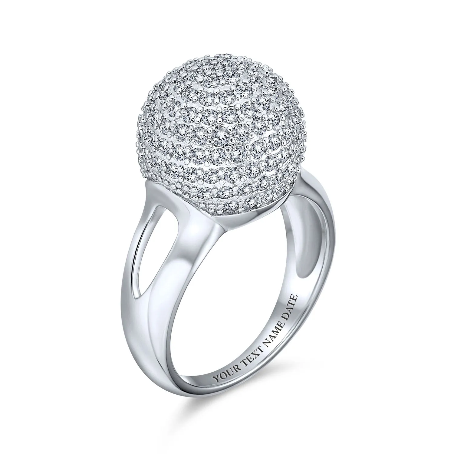 Fancy Cocktail Statement Ring with CZ Pave Disco Ball & Split Shank Band Silver