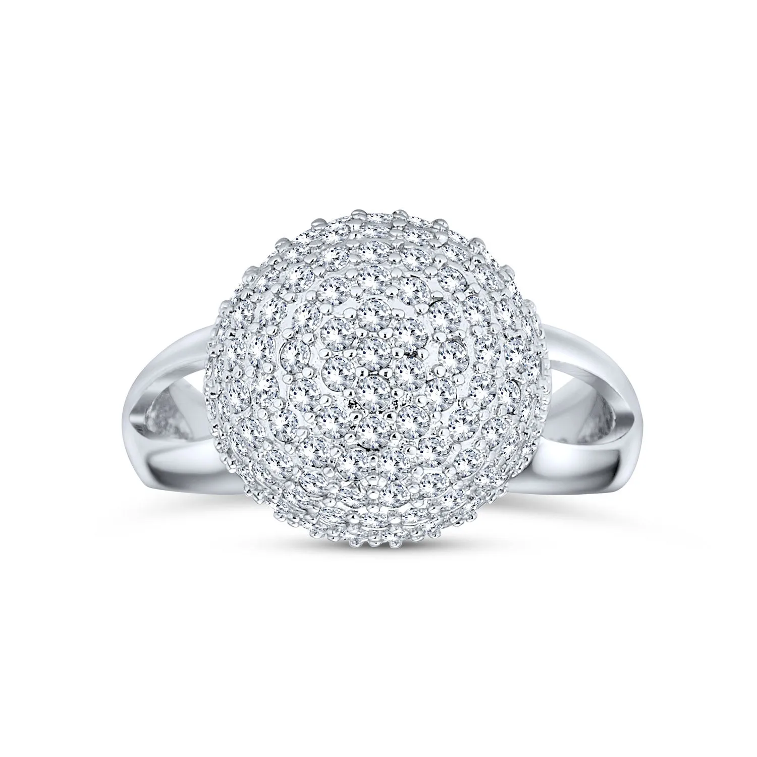 Fancy Cocktail Statement Ring with CZ Pave Disco Ball & Split Shank Band Silver