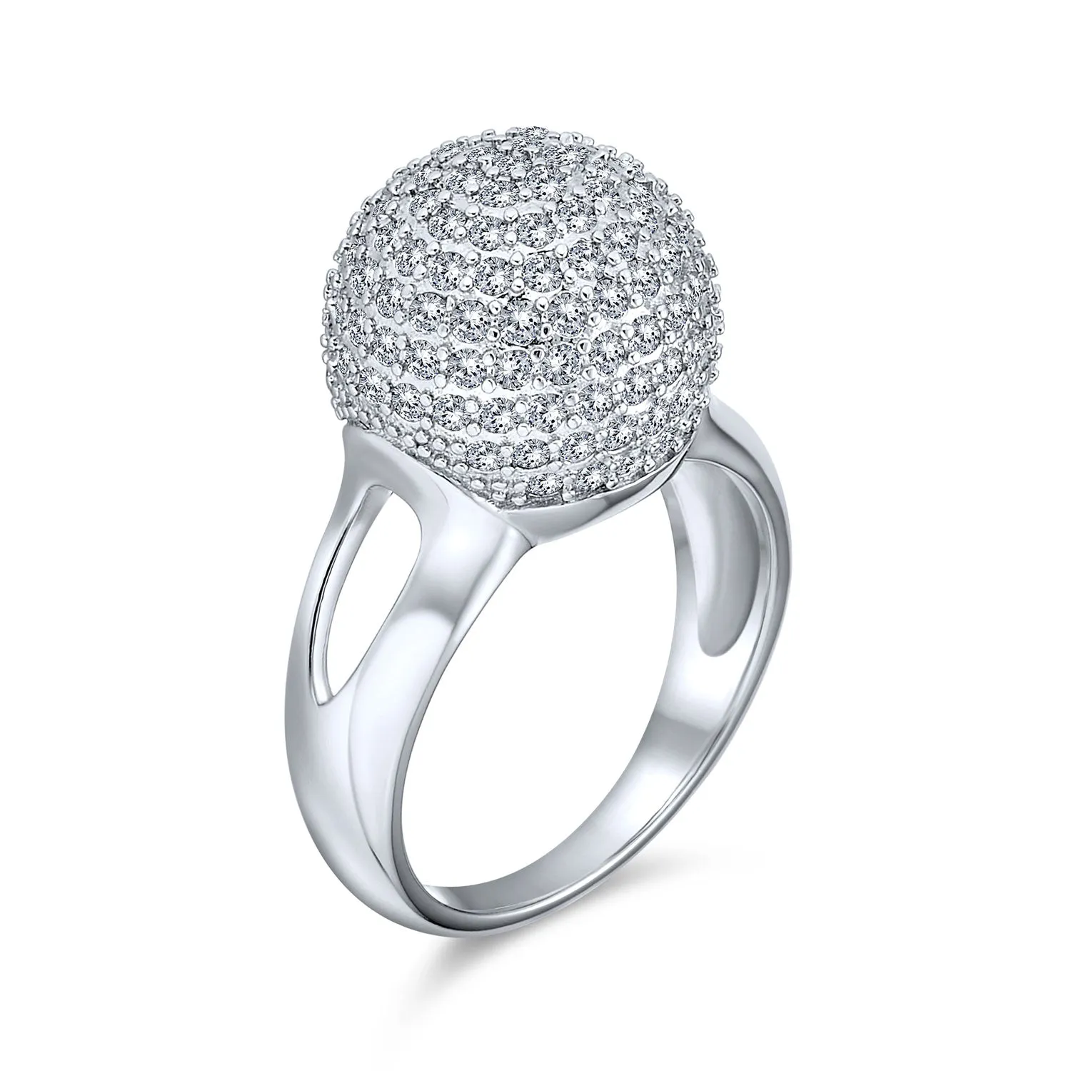 Fancy Cocktail Statement Ring with CZ Pave Disco Ball & Split Shank Band Silver