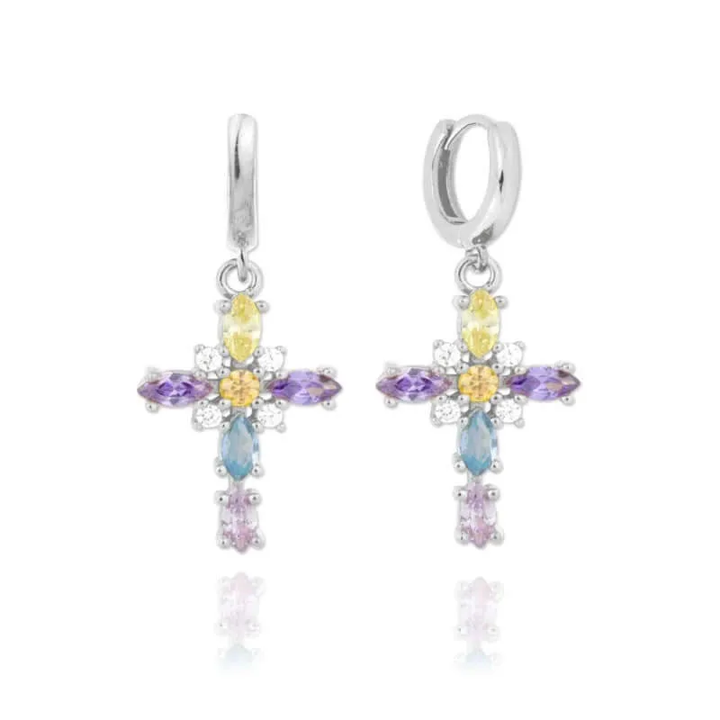 Fancy Cross Color CZ Diamond  Hoop Pendant Earrings
