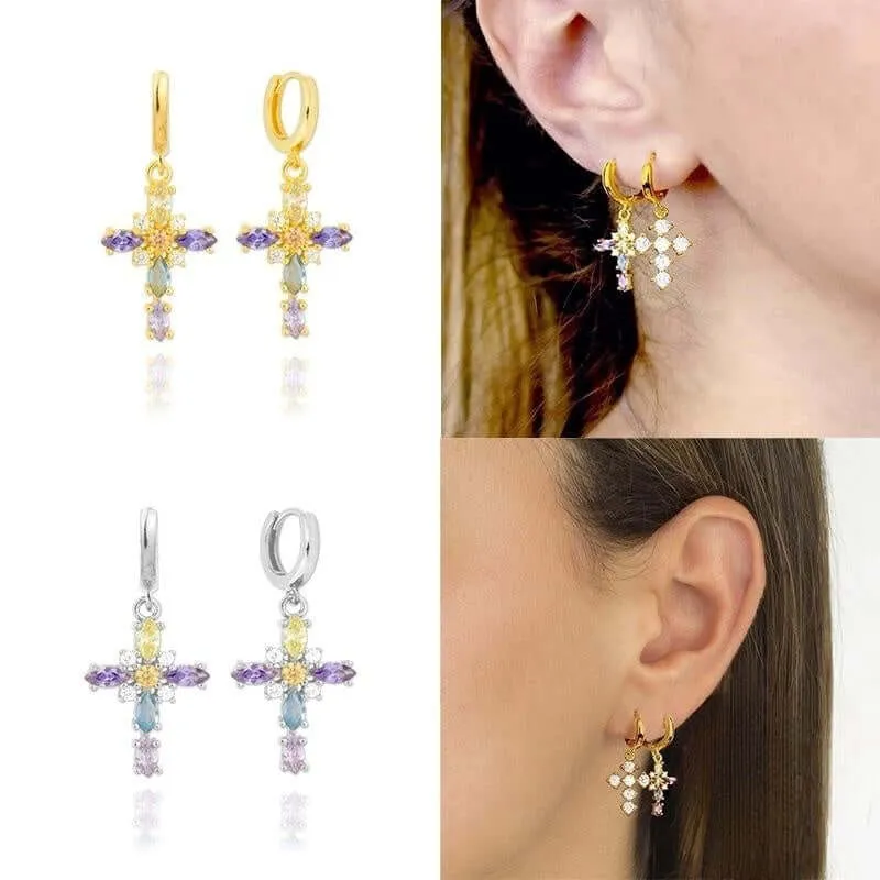 Fancy Cross Color CZ Diamond  Hoop Pendant Earrings