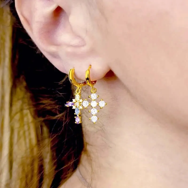 Fancy Cross Color CZ Diamond  Hoop Pendant Earrings