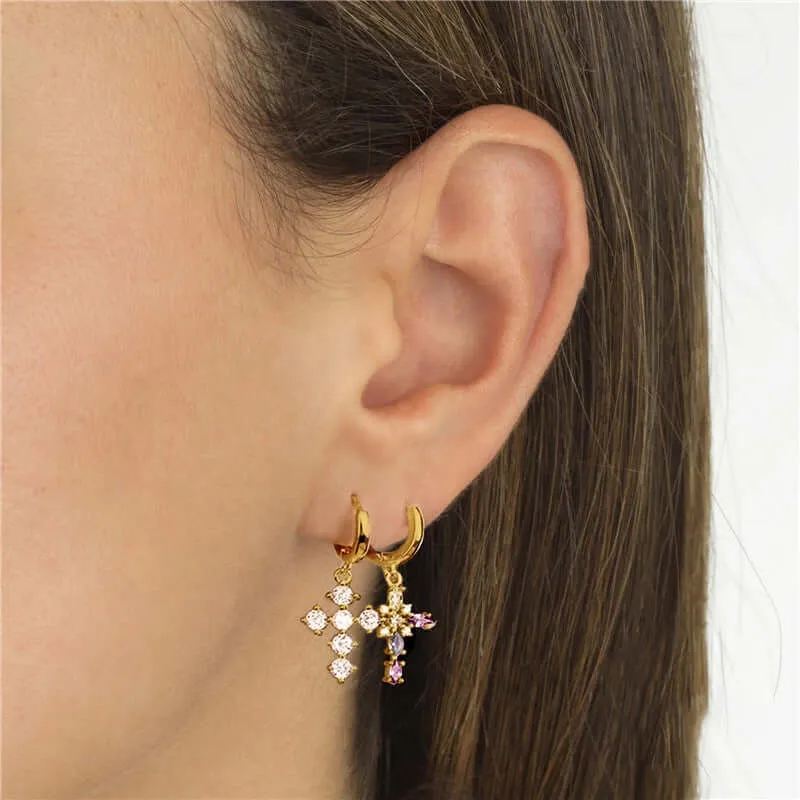 Fancy Cross Color CZ Diamond  Hoop Pendant Earrings
