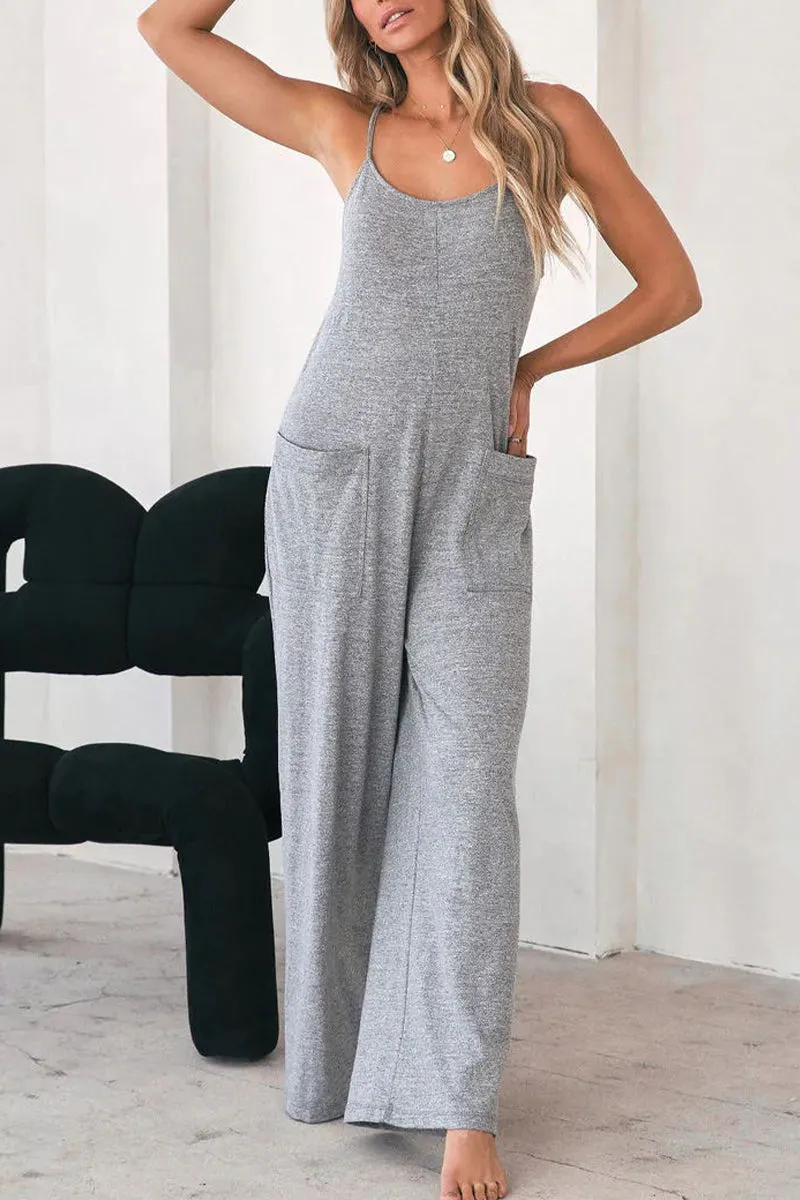 Fashion Solid Pocket U Neck Straight Jumpsuits