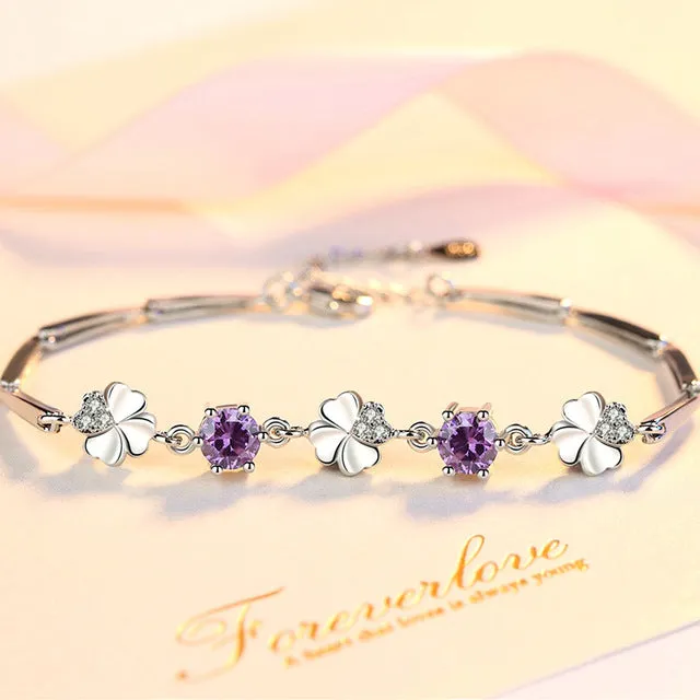 Femme White Gold Silver color Clover Crystal Jewelry Bracelet