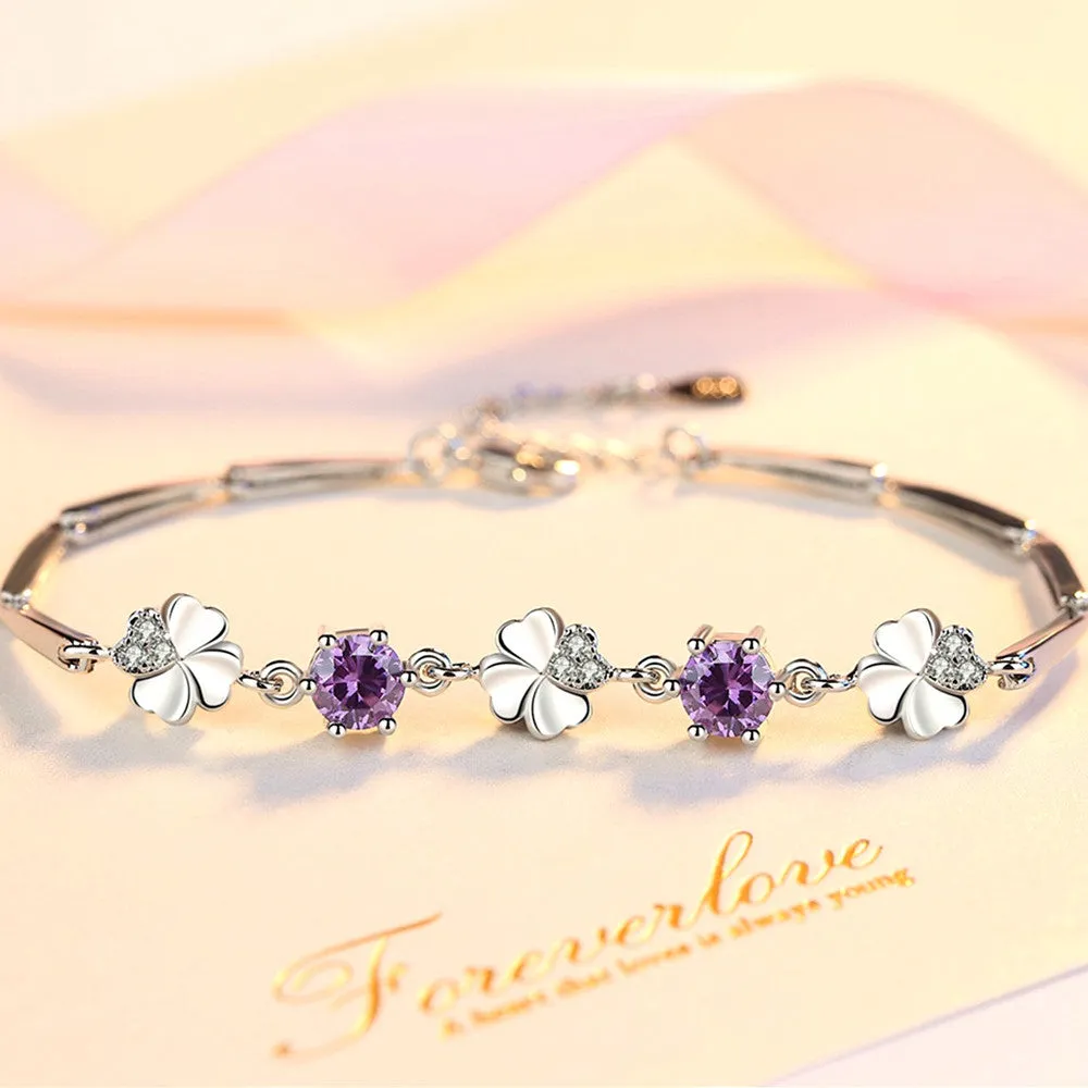 Femme White Gold Silver color Clover Crystal Jewelry Bracelet