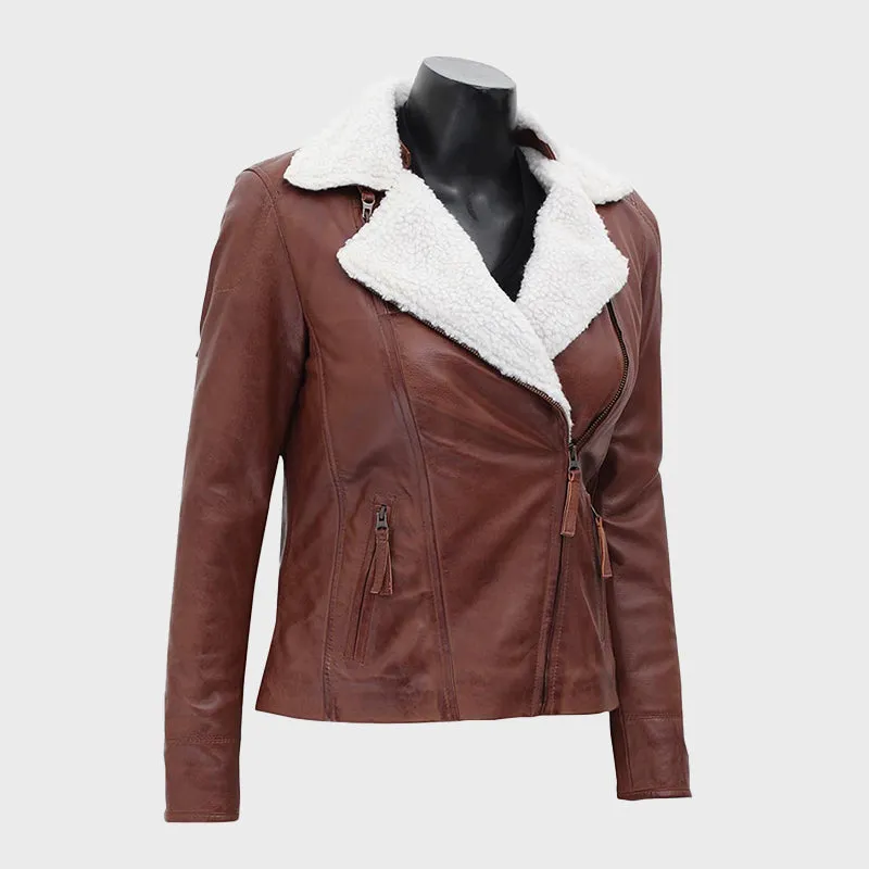 Gela Waxed Brown Leather Jacket with White Fur Collar