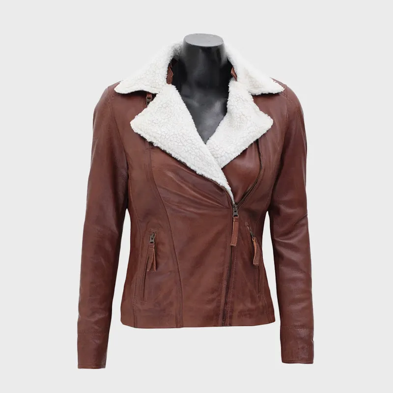 Gela Waxed Brown Leather Jacket with White Fur Collar