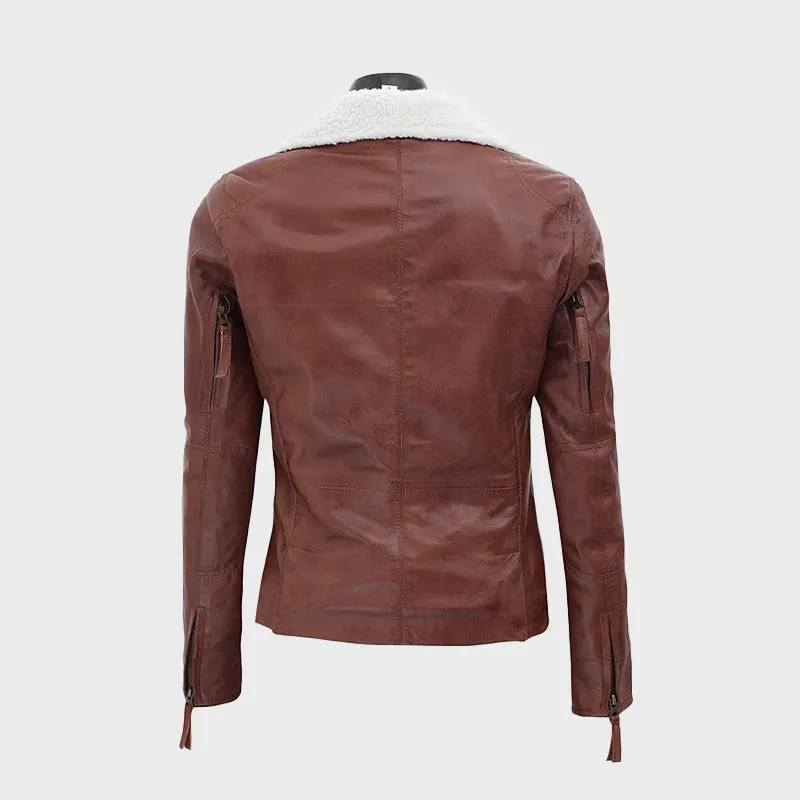 Gela Waxed Brown Leather Jacket with White Fur Collar