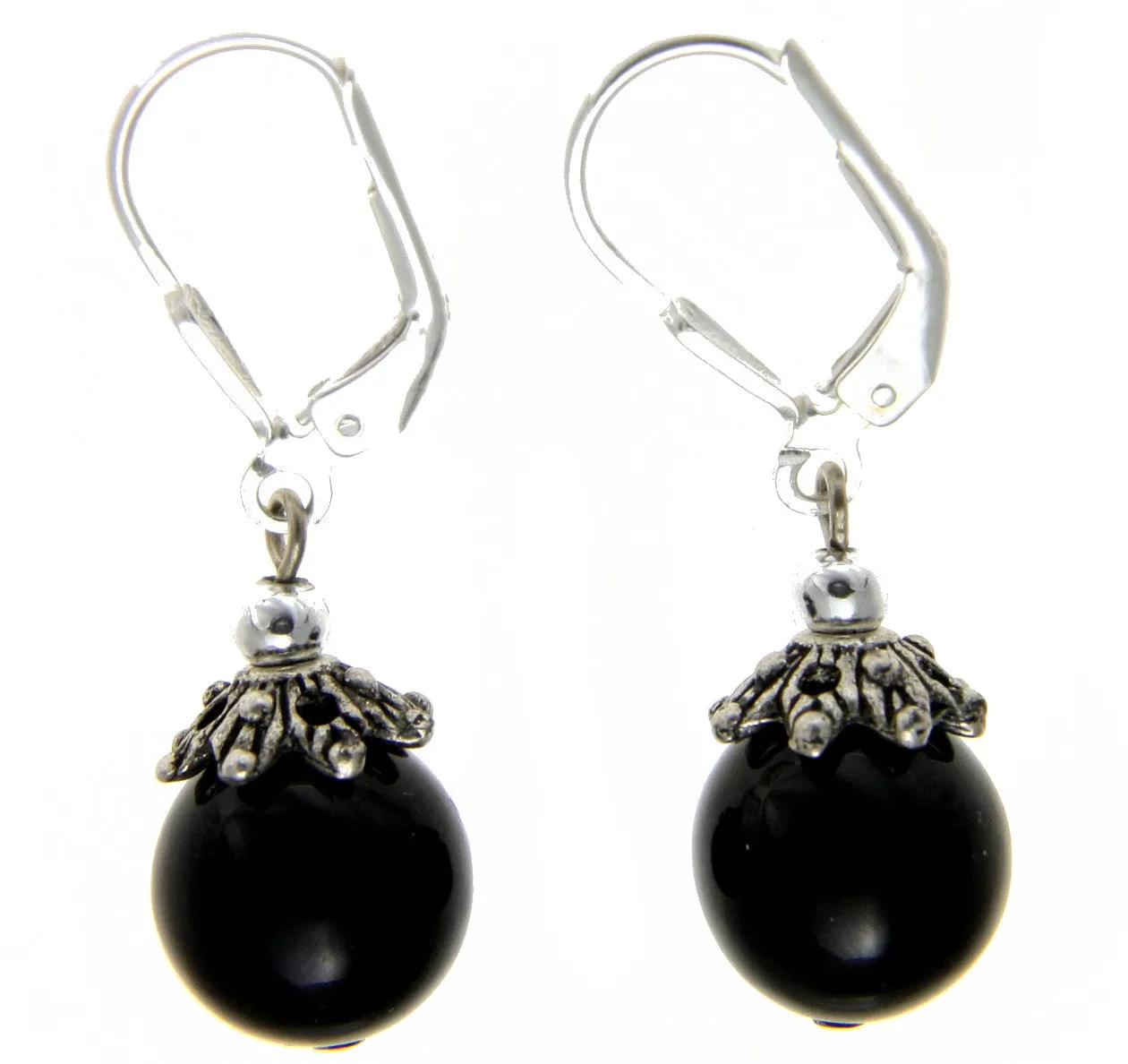 GENUINE NATURAL BLACK CORAL 10MM BALL LEVERBACK EARRINGS 925 STERLING SILVER