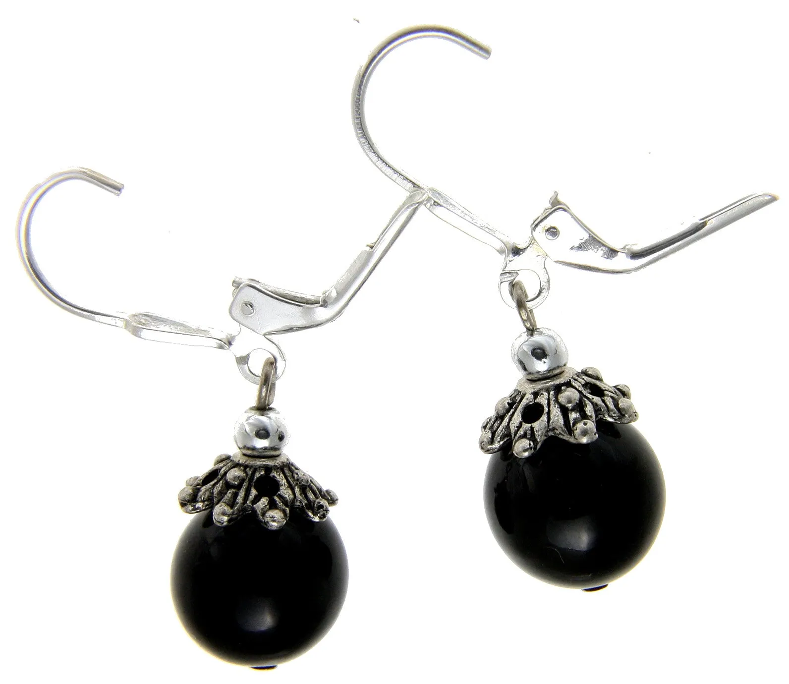 GENUINE NATURAL BLACK CORAL 10MM BALL LEVERBACK EARRINGS 925 STERLING SILVER