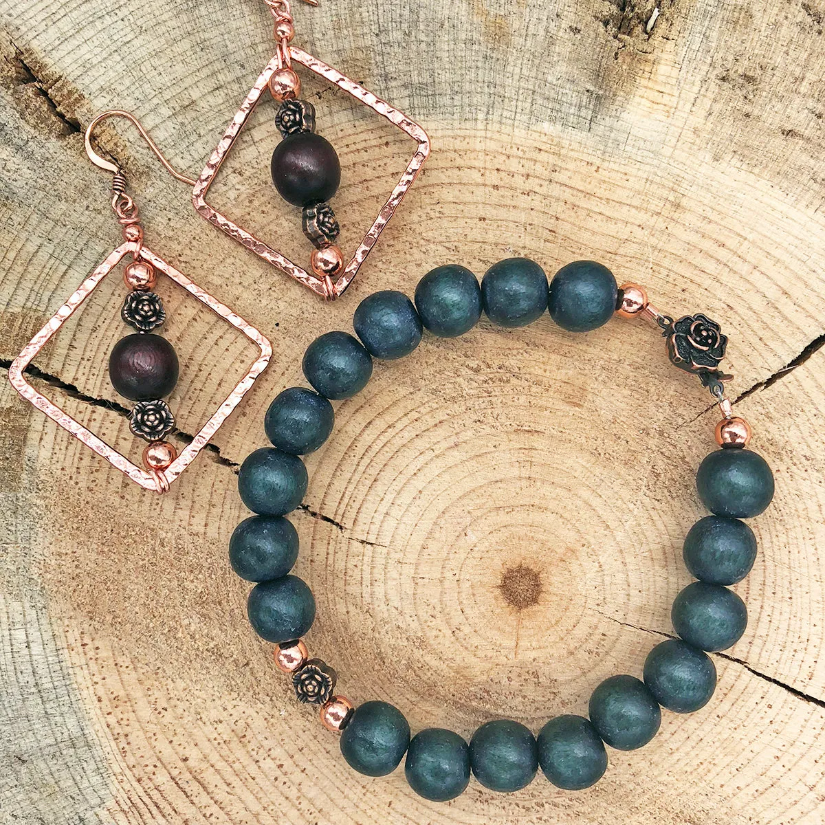 Geometric Earrings with Wood Bead and Metallic Floral Accents