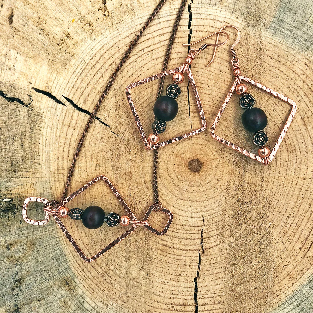 Geometric Earrings with Wood Bead and Metallic Floral Accents