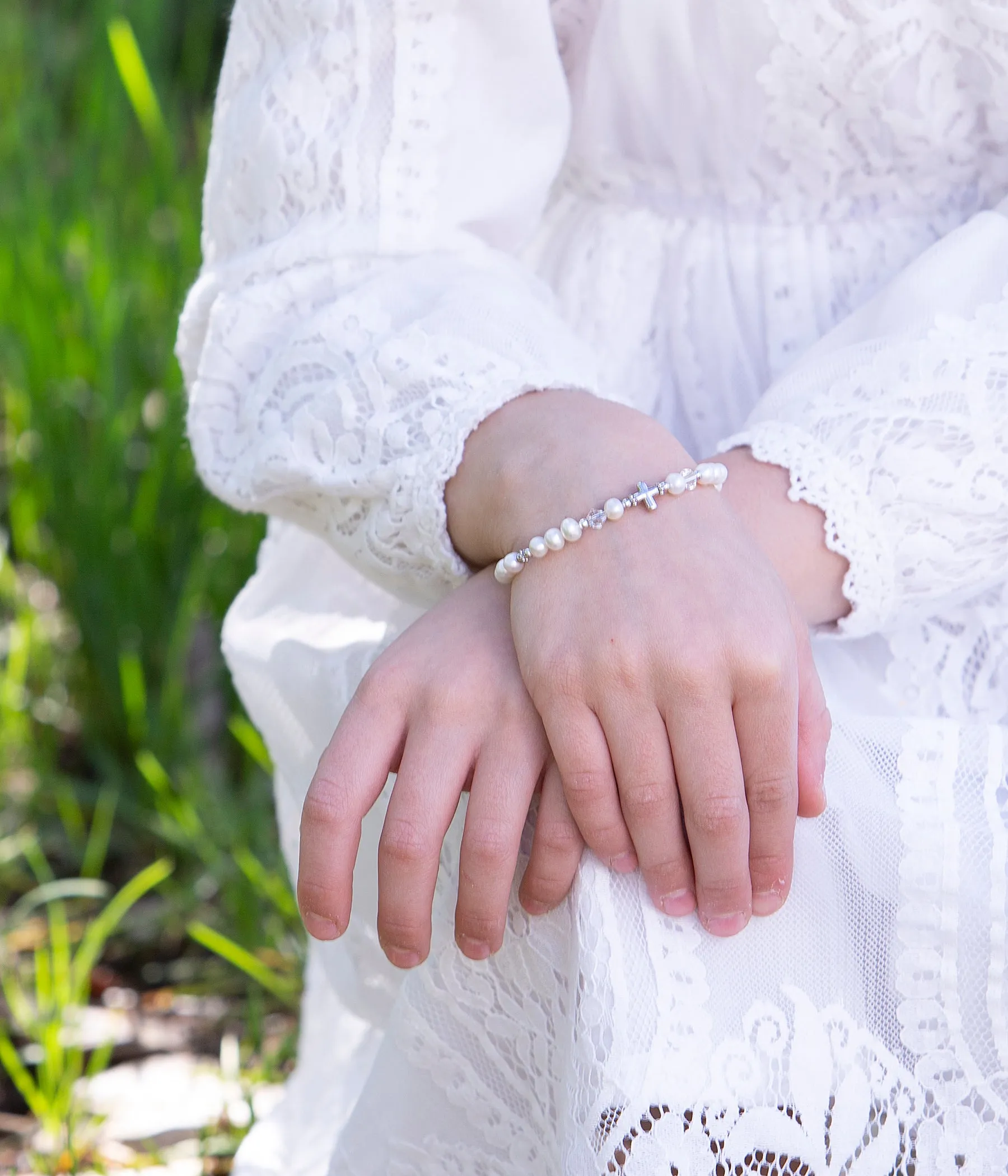 Girls Sterling Silver Pearl First Communion Cross Bracelet with FREE Engraving - TC-Jessica