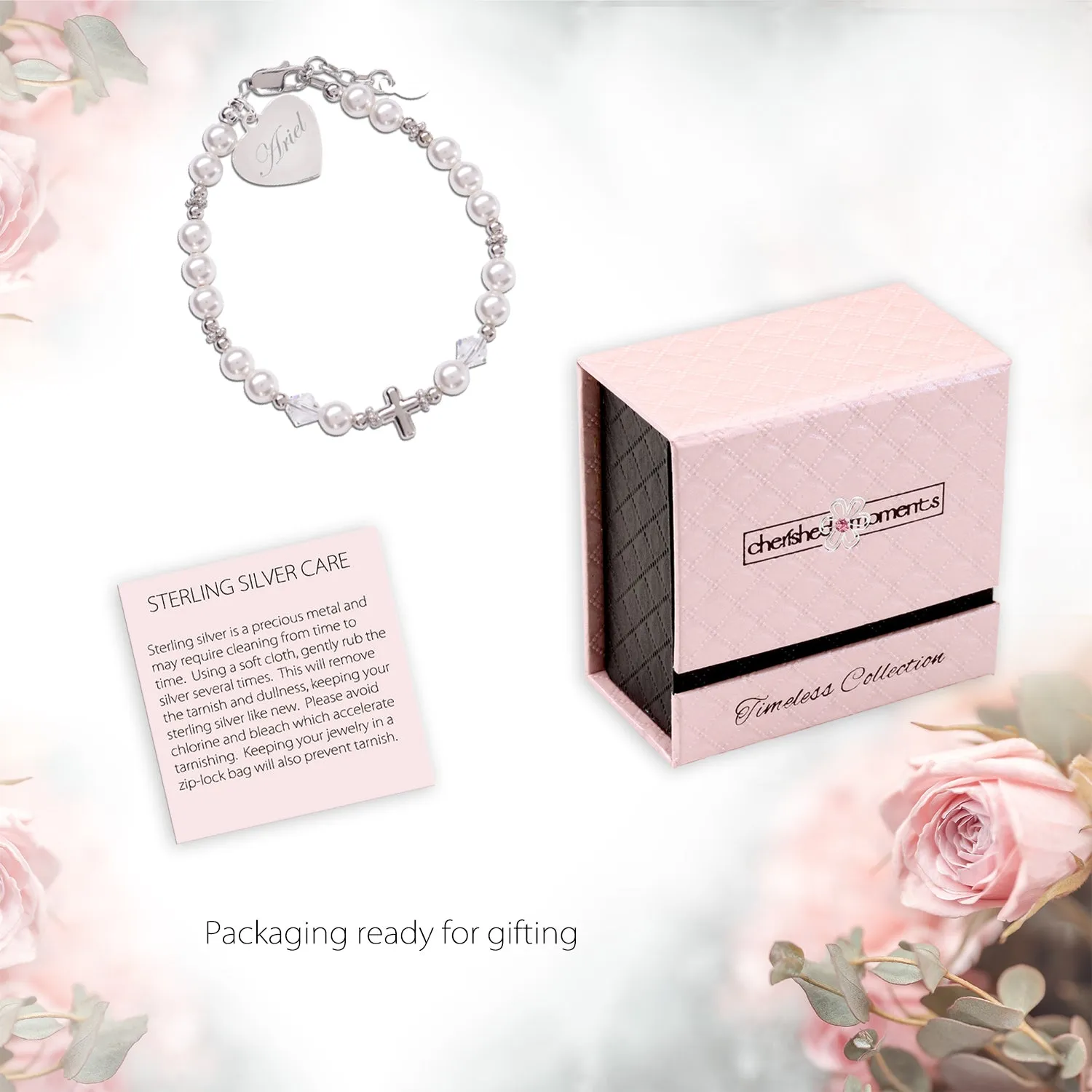Girls Sterling Silver Pearl First Communion Cross Bracelet with FREE Engraving - TC-Jessica