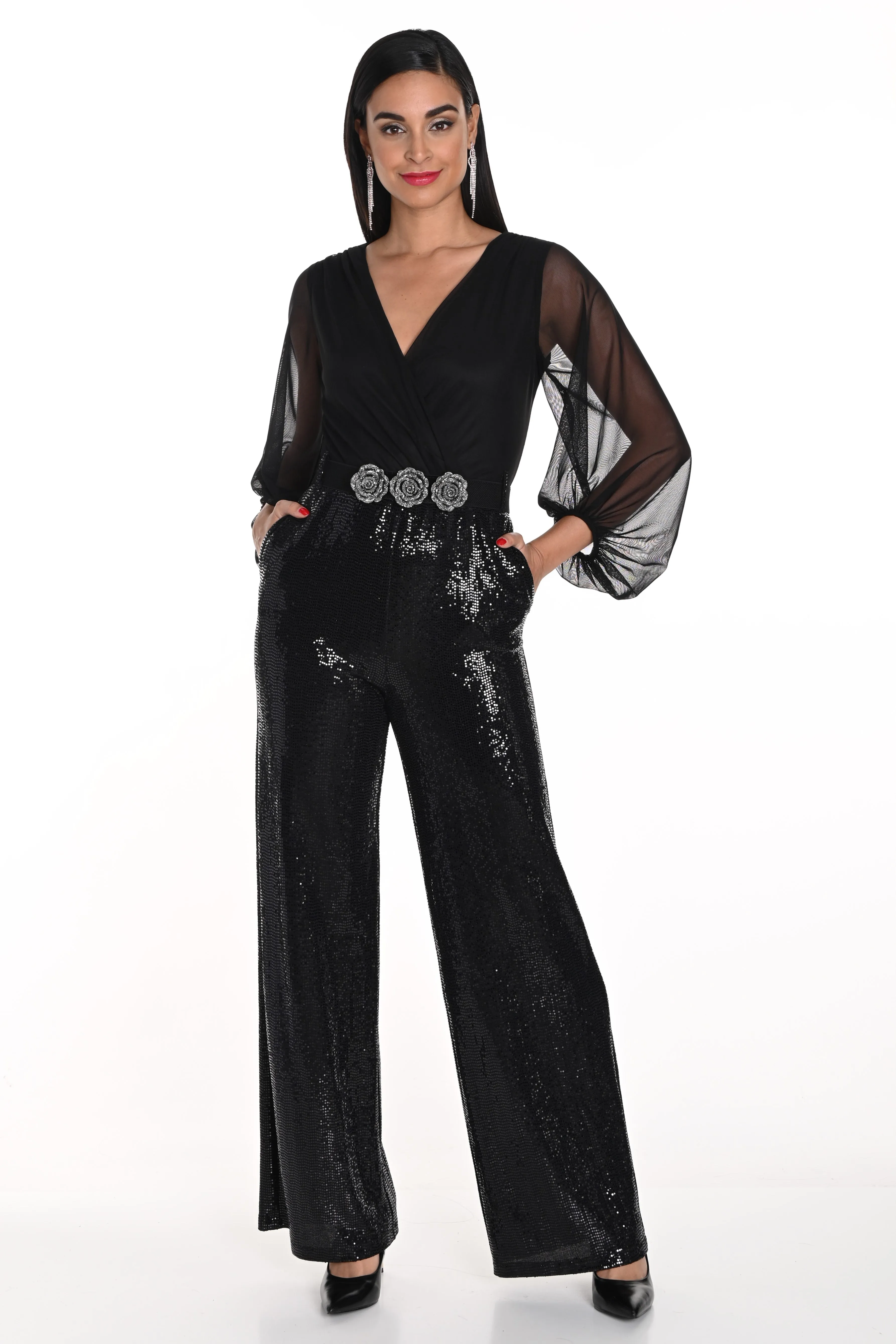 Glitzy Jumpsuit With Rosette Belt