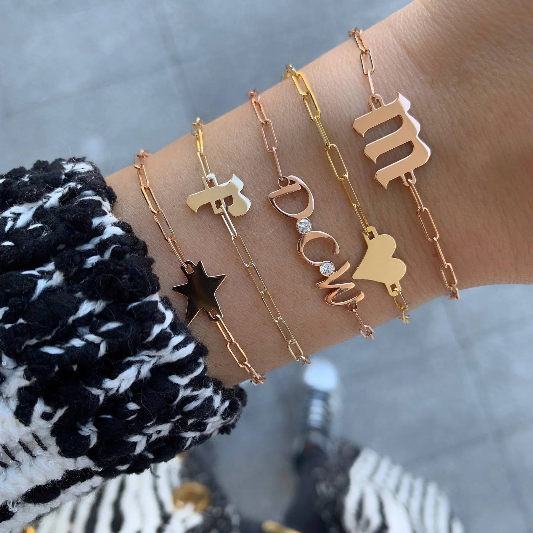 Gold Initials and Bezel Paperclip Bracelet