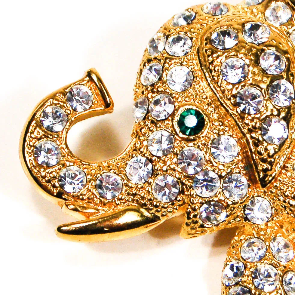 Gold Tone Rhinestone Elephant Brooch