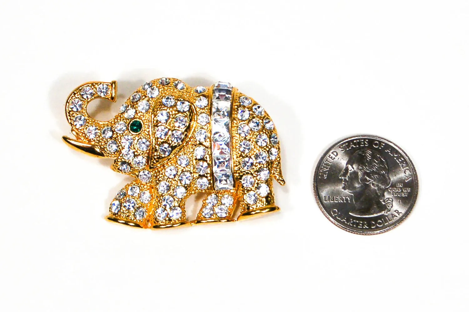 Gold Tone Rhinestone Elephant Brooch