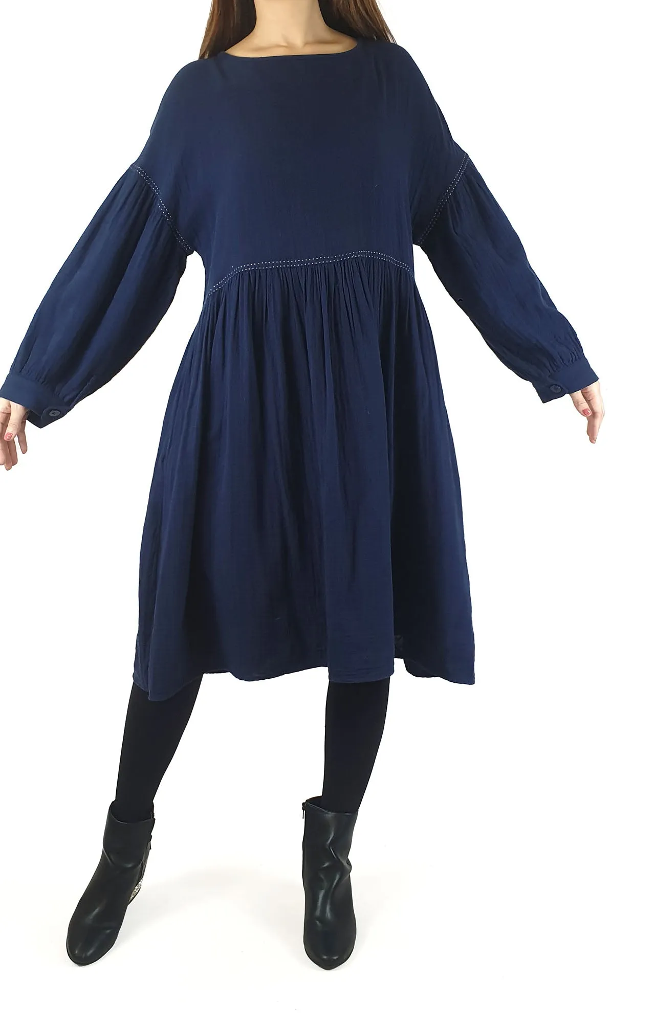 Gorman blue long sleeve dress with white stitching size 10