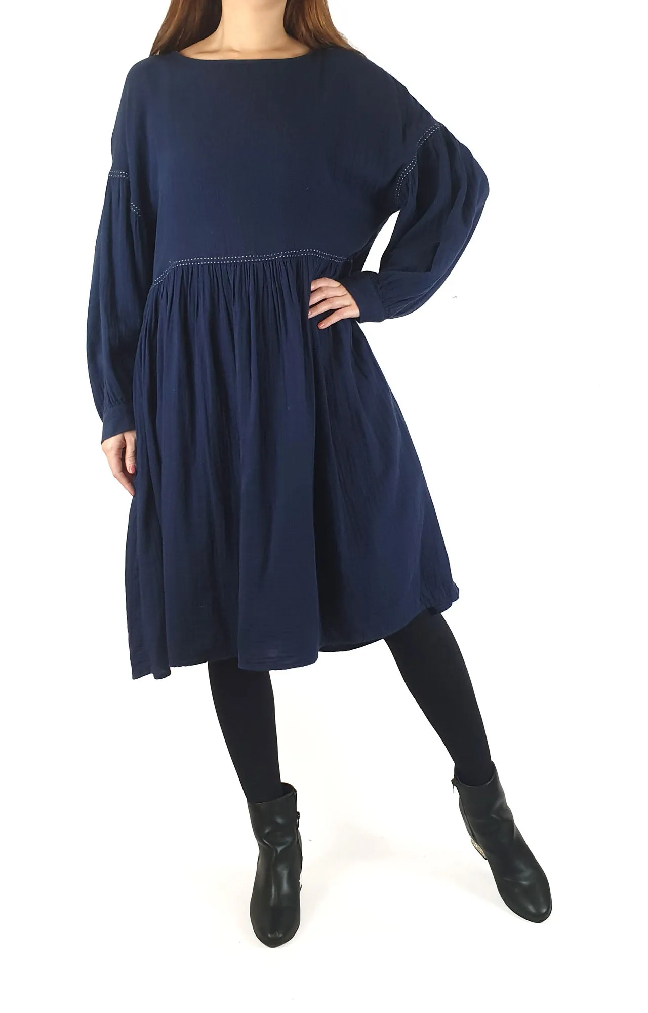 Gorman blue long sleeve dress with white stitching size 10