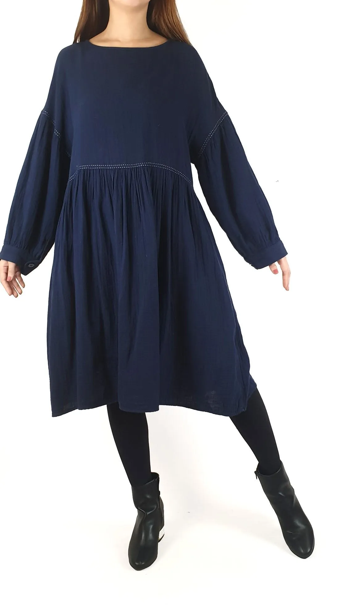 Gorman blue long sleeve dress with white stitching size 10