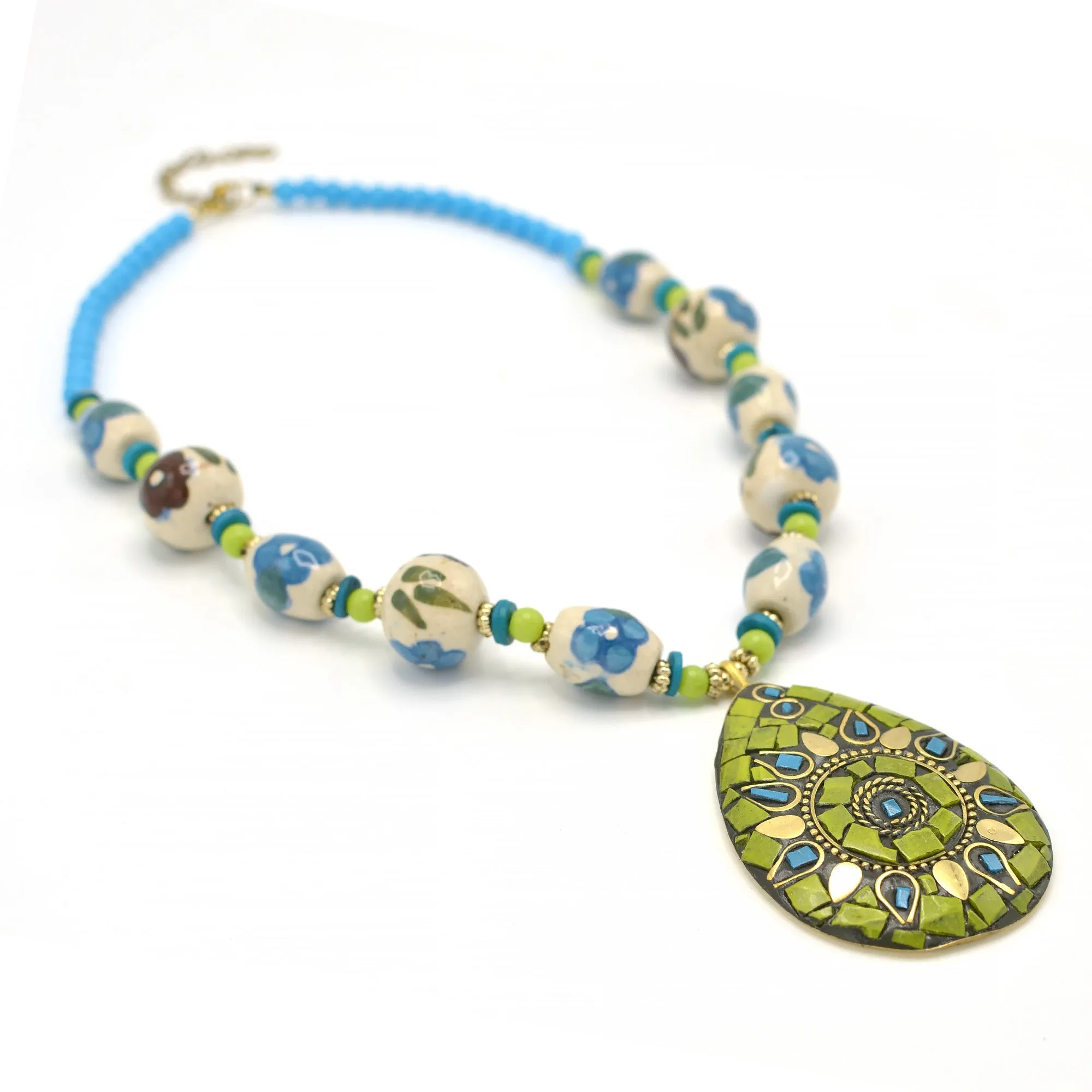 GREEN AND BLUE CERAMIC BEADS WITH GOLD OVAL PENDANT NECKLACE #FWNK-2202-101