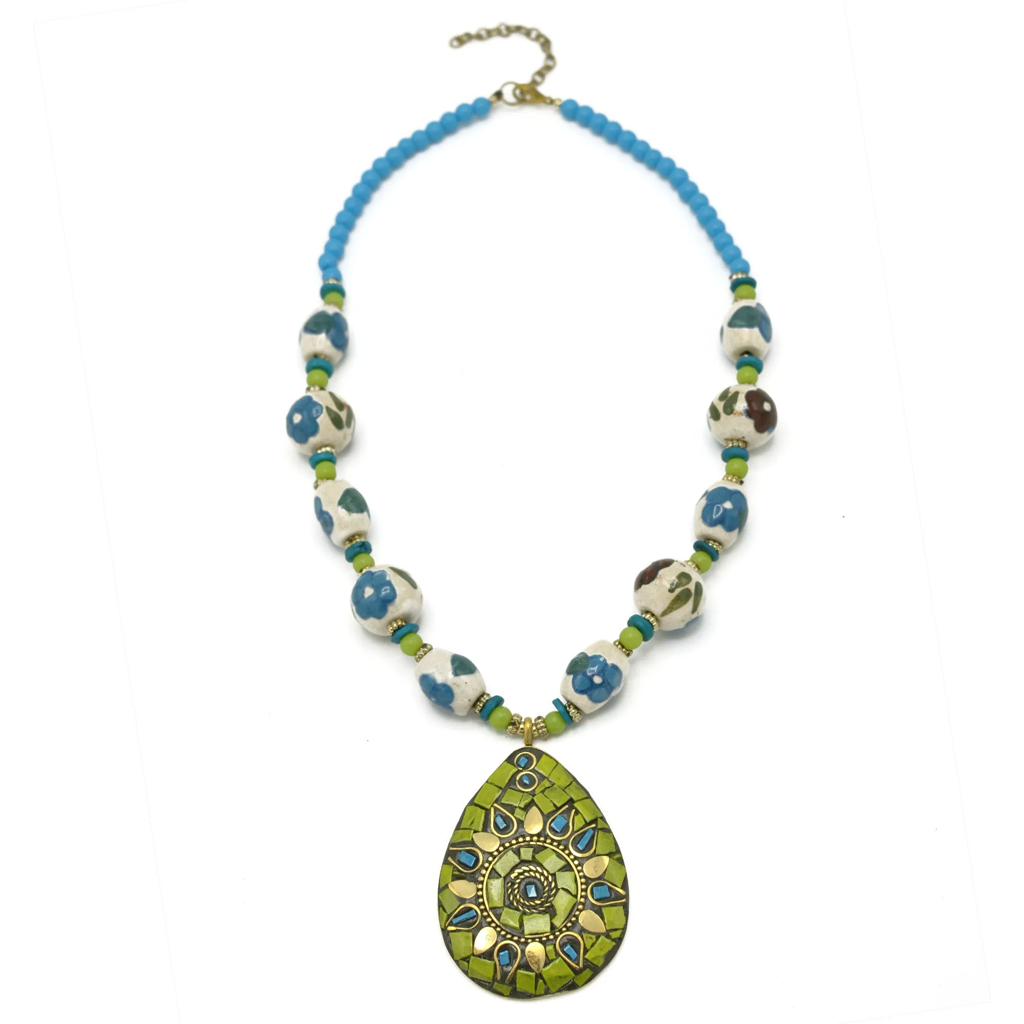 GREEN AND BLUE CERAMIC BEADS WITH GOLD OVAL PENDANT NECKLACE #FWNK-2202-101