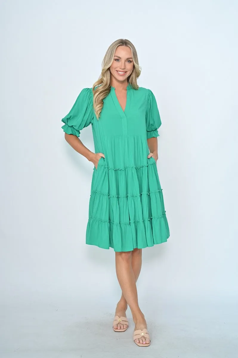 Green "Gretel" Shift Dress with  Ruffle Hem