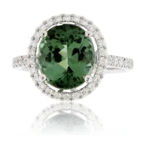 Green Tourmaline & Diamond Halo Ring