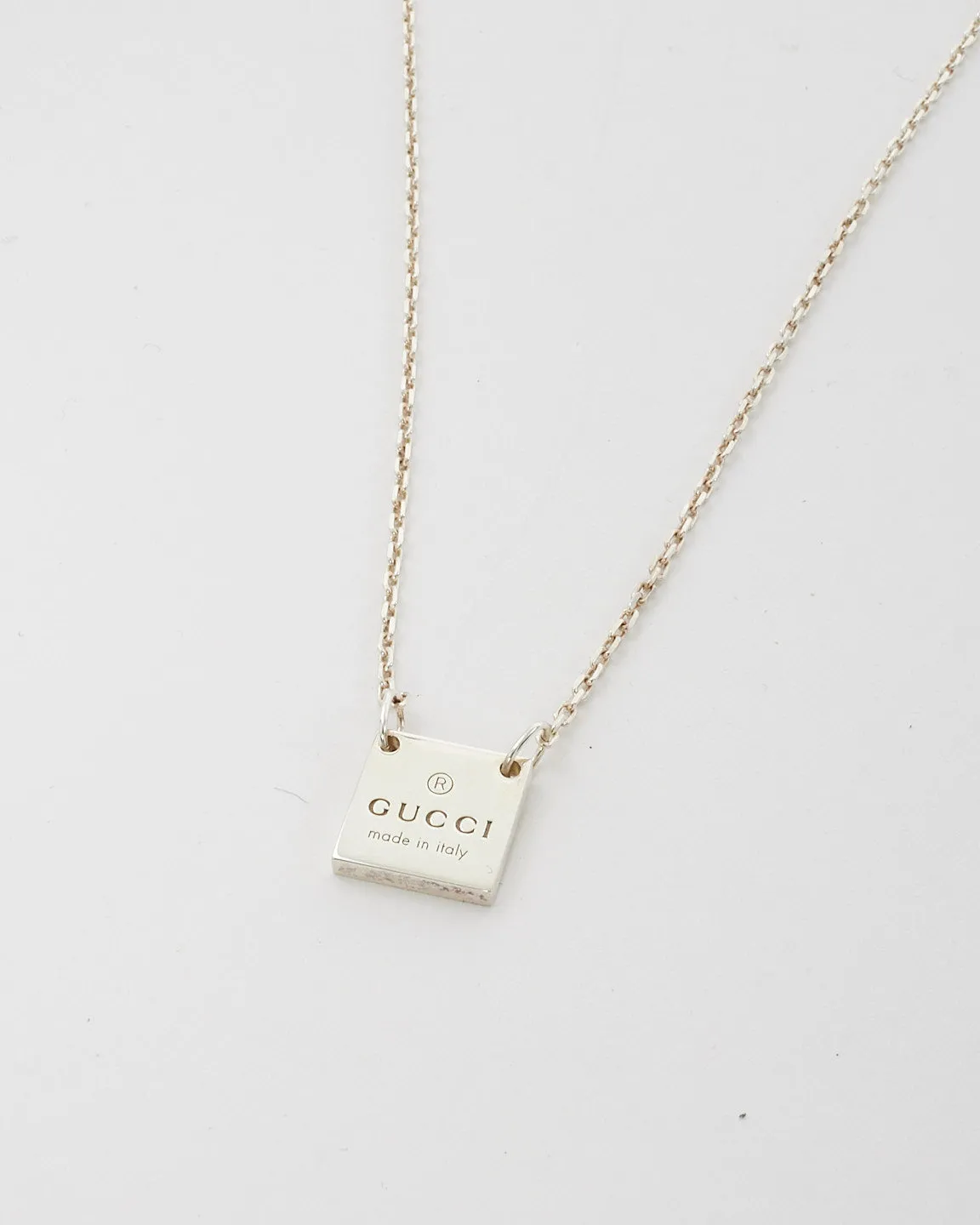 Gucci Silver Square Tag Plate Logo Engraved Necklace