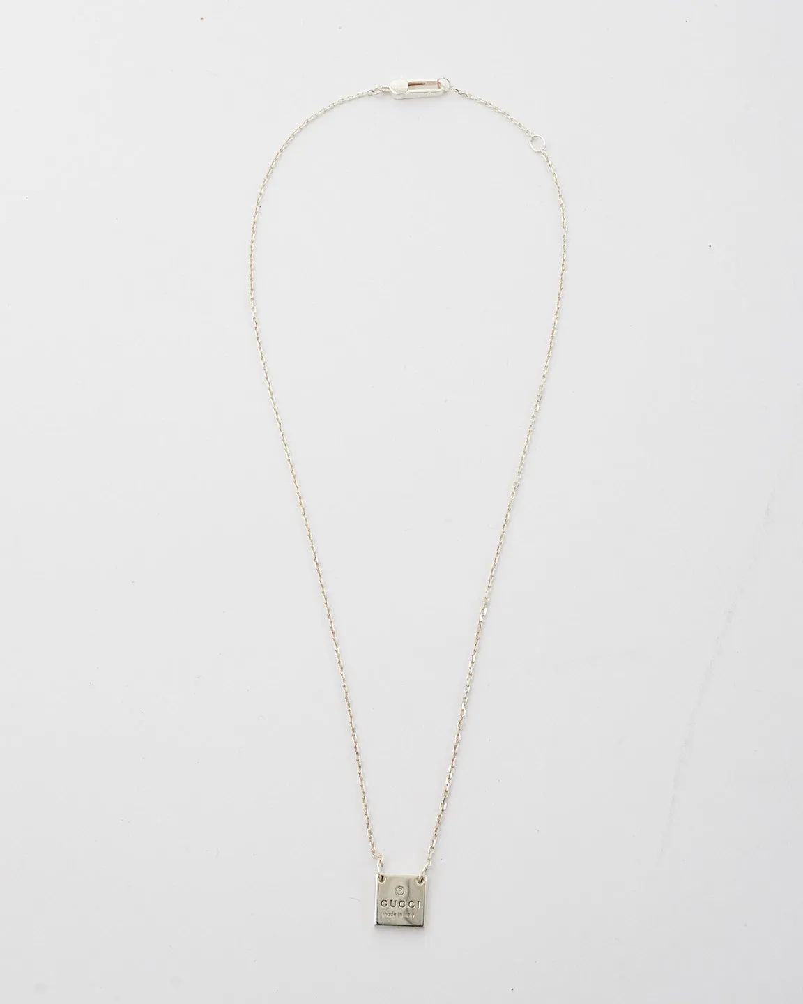 Gucci Silver Square Tag Plate Logo Engraved Necklace