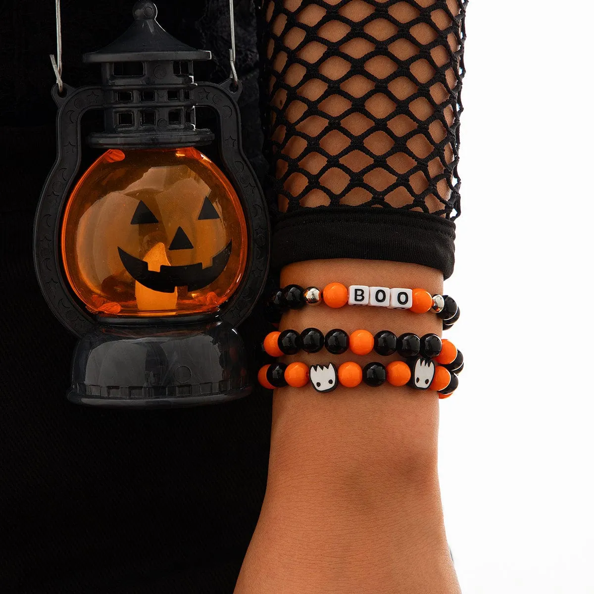 Halloween Theme Ghost Letter Charm Crystal Beaded Bracelet Set