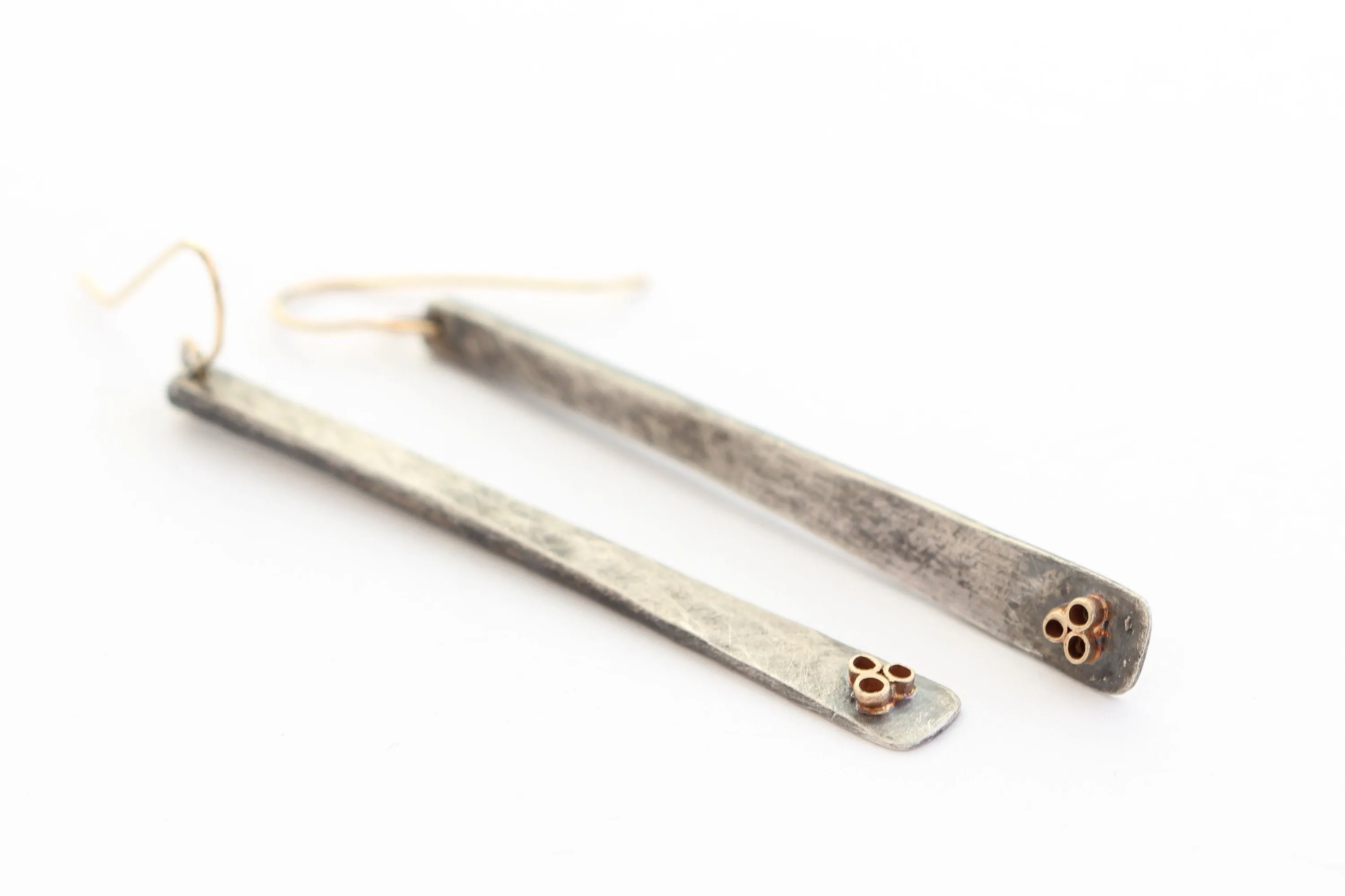 Hammered texture sterling silver earrings with 14k yellow gold tubes and gold wire